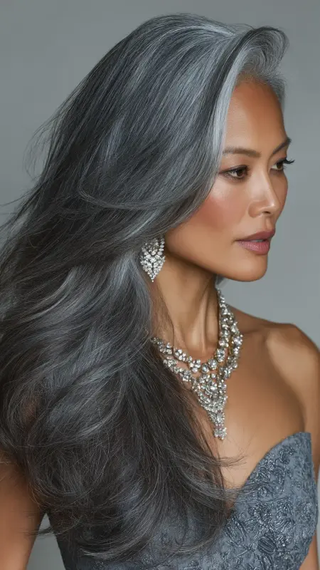 Dimensional Silver Balayage on Long Layers - hair color for older women over 50