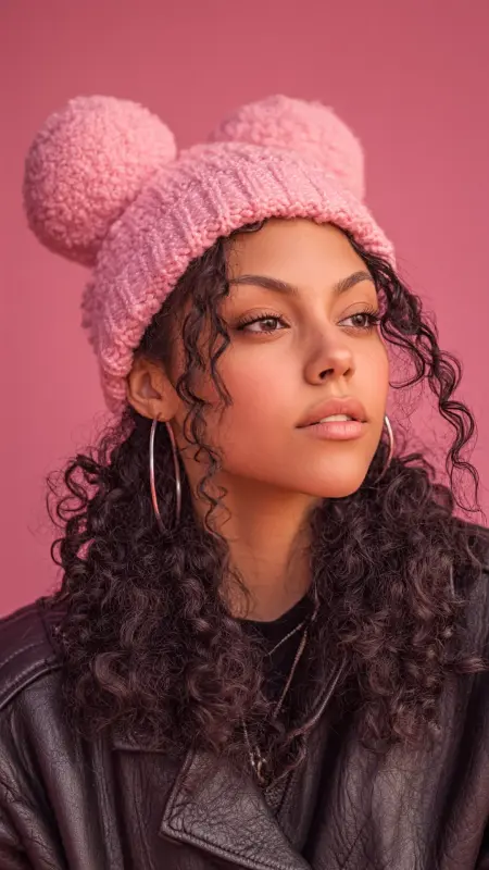 Double Space Buns with Curly Ends and Beanie - Curly Hairstyles With Beanies