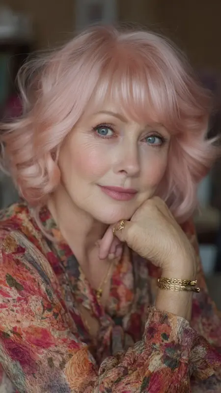 Dusty Rose Bob with Soft Waves - hair color ideas for women over 70