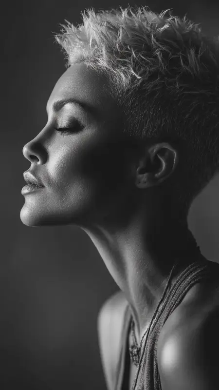 Platinum Power: Edgy Elegance in Short Textured Bliss - Dyke Hair