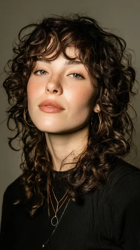 Edgy Curly Wolf Cut with Curtain Bangs - Face framing curtain bangs on curly hair