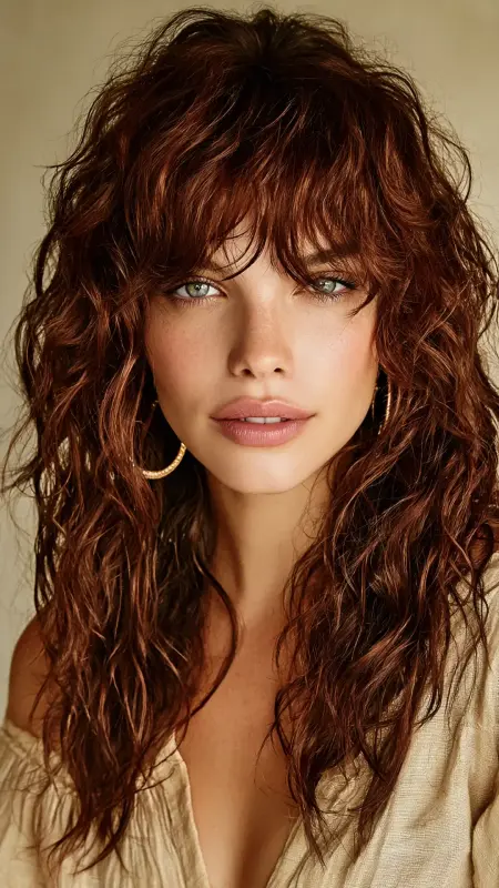 Effortless Beach Waves with Curtain Bangs - long curtain bangs round face
