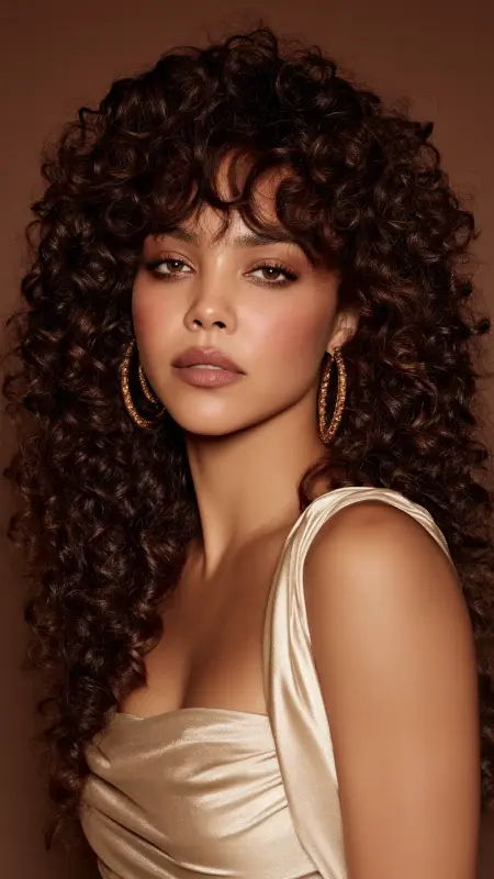 Elegant Defined Ringlets with Polished Curtain Bangs - Face framing curtain bangs on curly hair