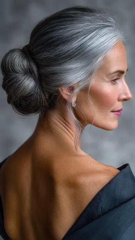 Elegant Silver Chignon - gray hair styles for women over 50