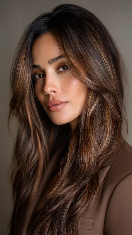Espresso Brown with Caramel Highlights - Hair color ideas for women in 30s