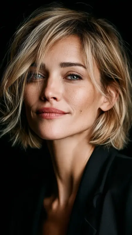 Face-Framing Blonde Highlights on Bob -  cover grey hair with highlights 