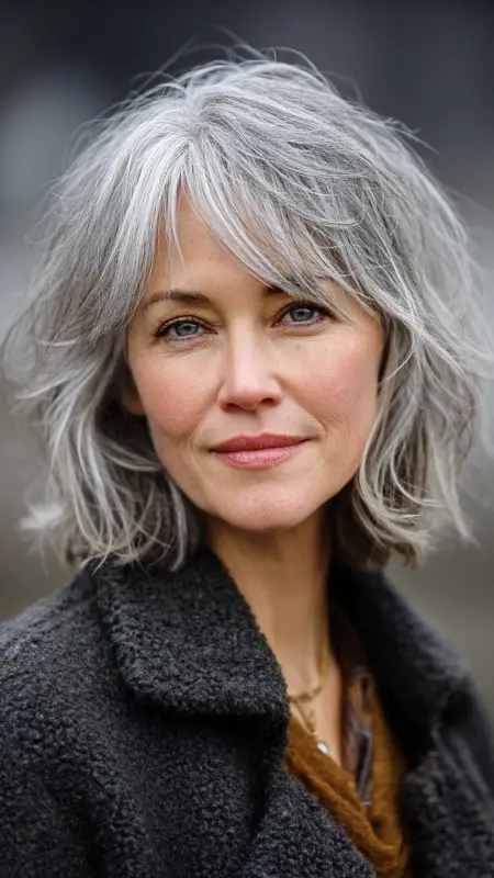 Feathered Gray Shag - gray hair styles for women over 50