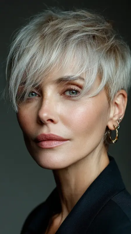 Feathered Pixie with Side-Swept Bangs - hairstyles for women over 70 with bangs