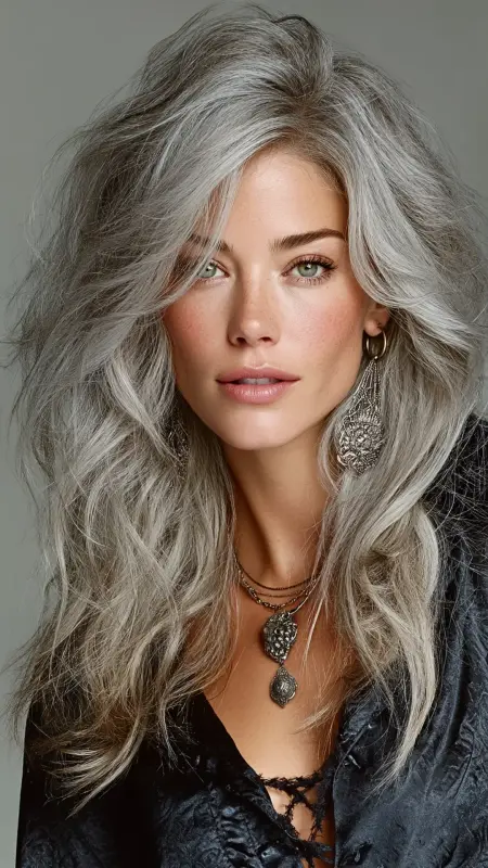 Frosty Silver Curtain Layers - silver hair color ideas
