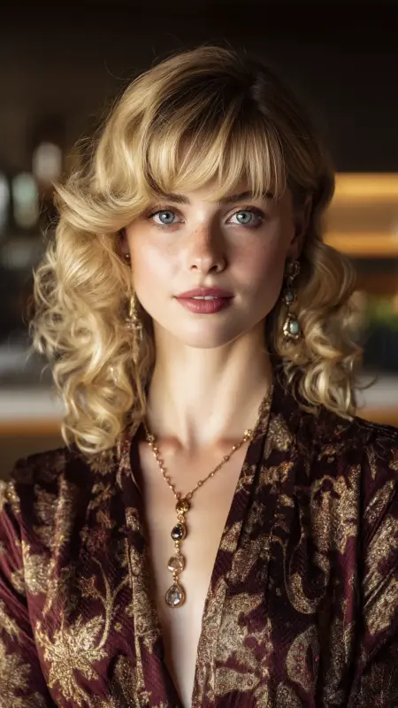 Glamorous Side-Parted Curls with Sweeping Curtains Bangs - Face framing curtain bangs on curly hair