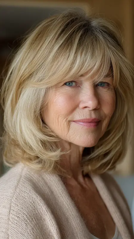 Golden Blonde Shoulder-Length with Curtain Bangs - hair color ideas for women over 70