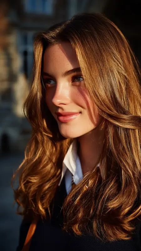 Golden Bronze Ribbon Highlights on Mid-Length Layers - Hair color ideas for students