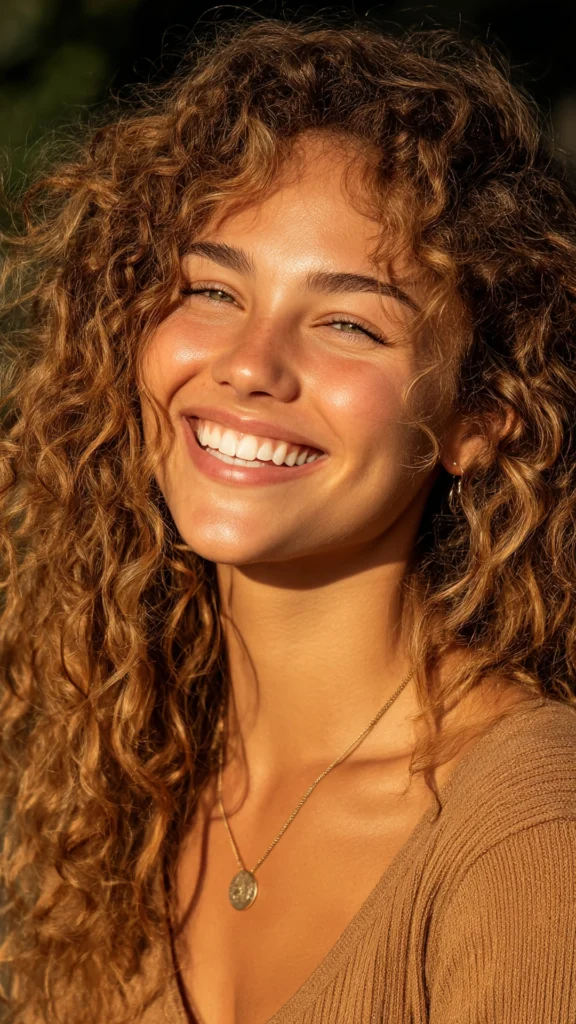 Golden Caramel Highlights on Natural Curls Profe – Hair color for college students – HappyHairy
