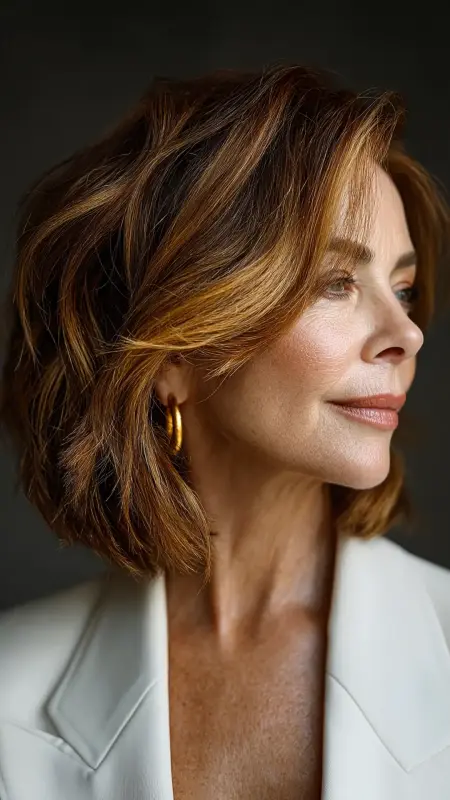 Golden Highlights on Shoulder-Length Lob -  cover grey hair with highlights 