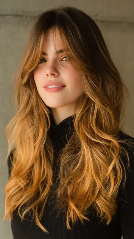 Golden Honey Ombr with Curtain Bangs - Hair color ideas for students