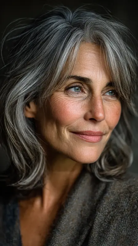 Gray Blended Curtain Bangs - gray hair styles for women over 50