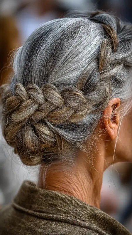 Gray Halo Braid - gray hair styles for women over 50