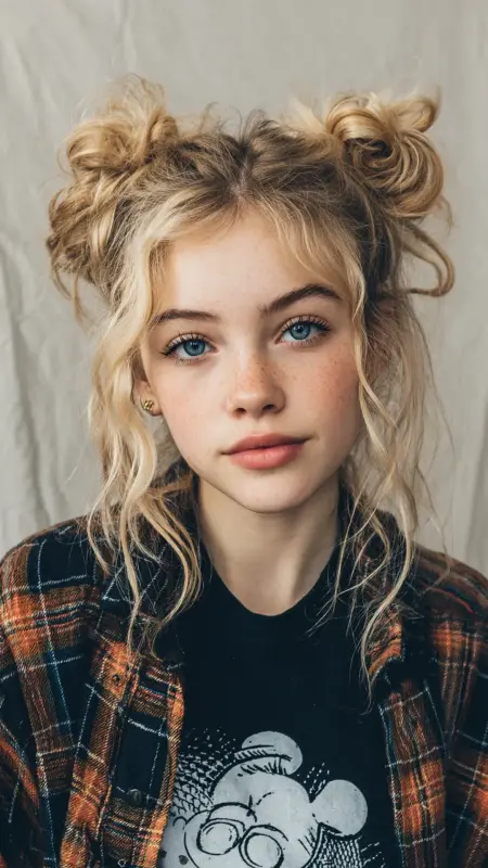 Sun-Kissed Rebel Waves with Messy Space Buns - Grunge Hairstyles