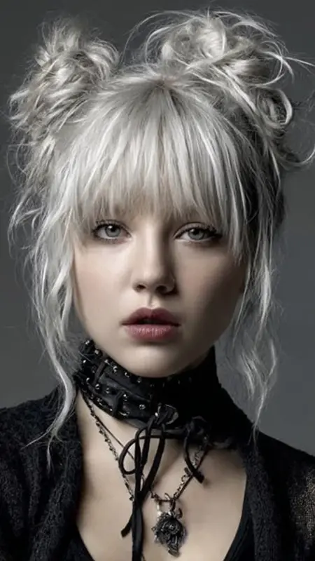 Galactic Blonde Double Buns with Retro Bangs - Grunge Hairstyles