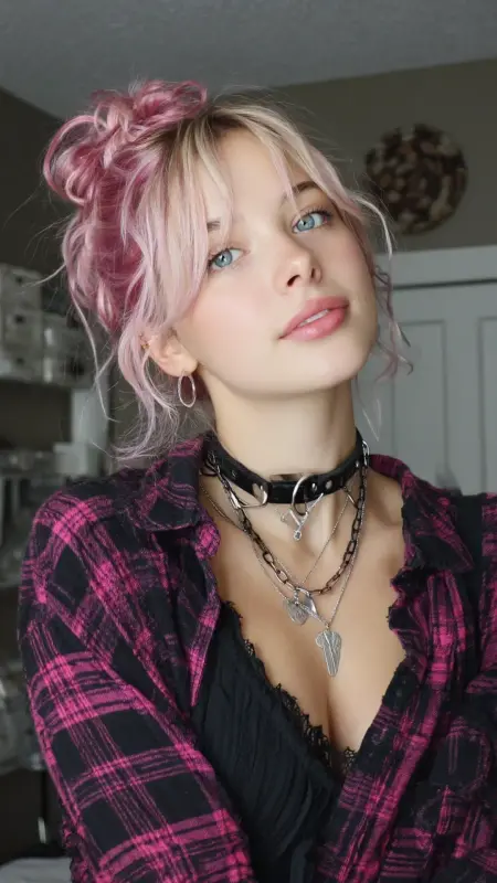 Pink-Hued Chaos: The Rebellious Messy Bun - Grunge Hairstyles