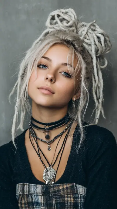 Edgy Elegance: Ash Blonde Dreadlocks in a High Bun - Grunge Hairstyles