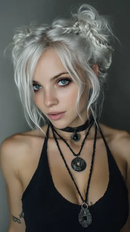 Icy Rebel: Platinum Double Buns with a Grunge Edge - Grunge Hairstyles