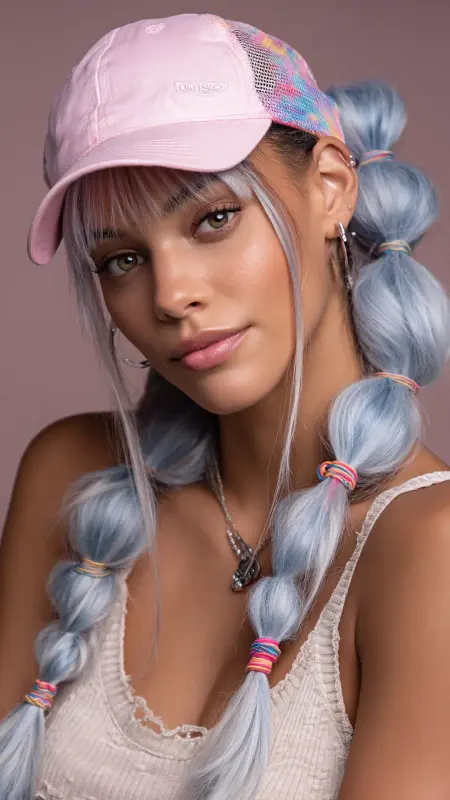 Half-Up Bubble Ponytail -  Trucker Hat Hairstyles 