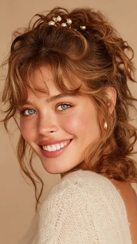 Half-Up Curly - Face framing curtain bangs on curly hair