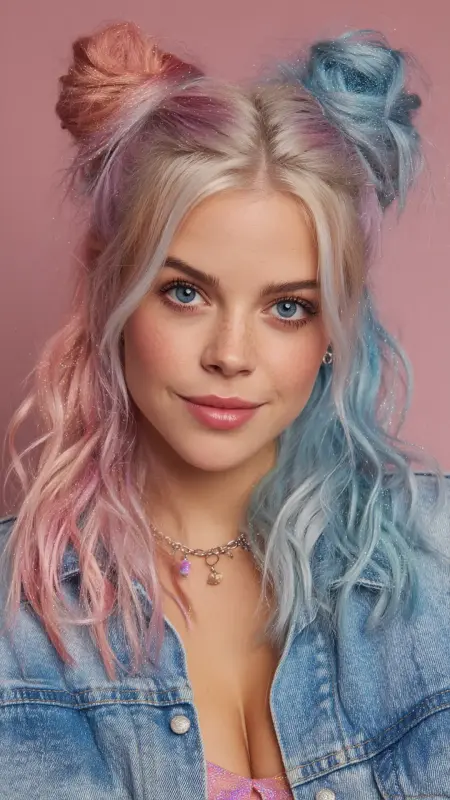 Half-Up Space Buns - Rose Gold Slate Blue - Two hair colors split