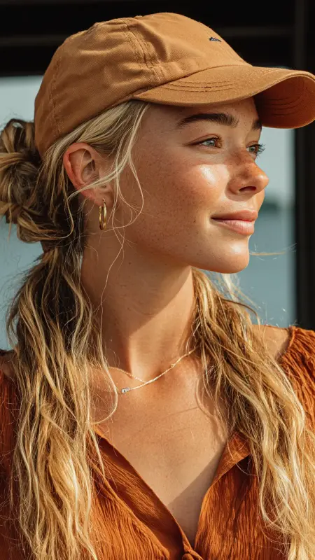 Half-Up Top Knot -  Trucker Hat Hairstyles 