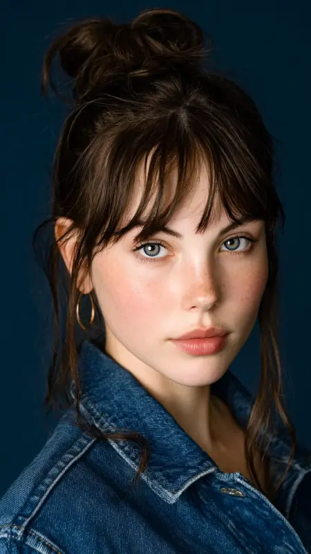 Half-Up Top Knot with Long Curtain Bangs - long curtain bangs round face