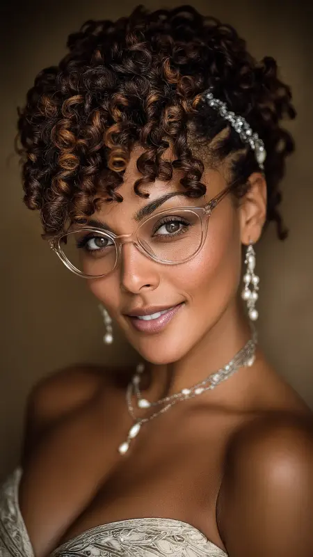 Halo Curly Updo -  short curly hair with glasses 