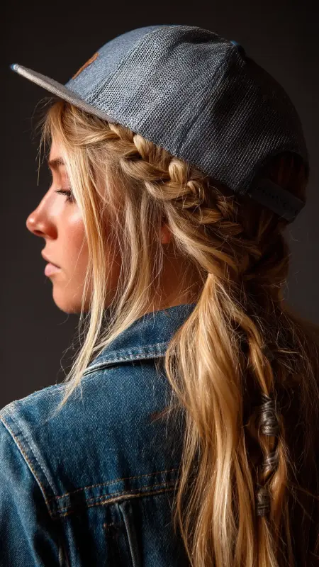 Hidden Top Braid -  Trucker Hat Hairstyles 