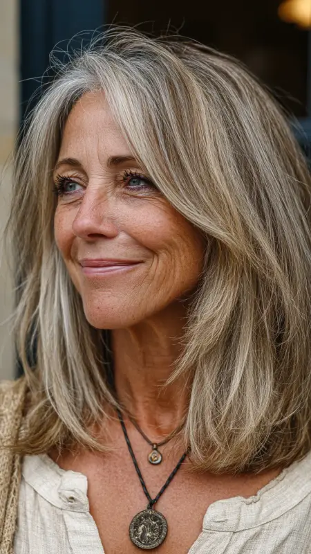 Honey Balayage on Feathered Cut -  cover grey hair with highlights 