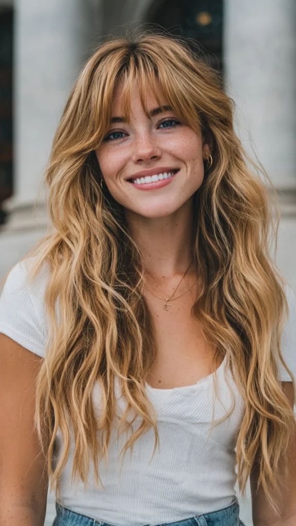 Honey Blonde Balayage with Curtain Bangs Profess – Hair color for college students – HappyHairy