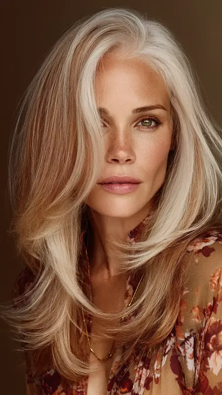 Honey Blonde Long Layers with Side Bangs - hair color for older women over 50