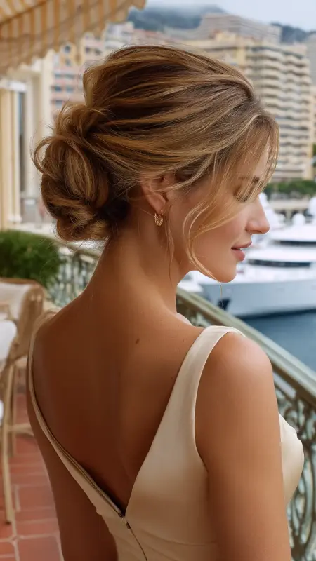 Honey Brunette Dimension - Tied Back French Twist - Old money hair color