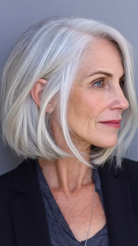 Icy Platinum Layered Lob - hair color ideas for women over 70