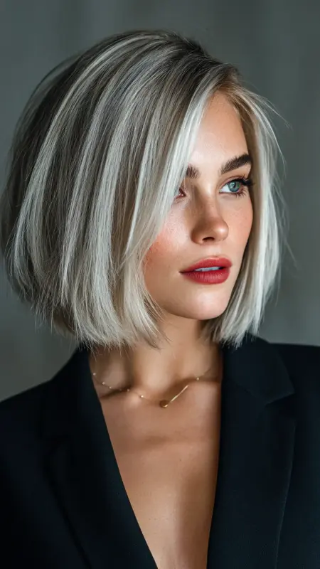 Icy Silver Sleek Bob - silver hair color ideas
