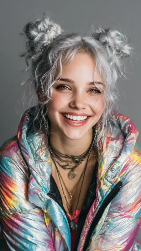 Iridescent Silver Space Buns - silver hair color ideas