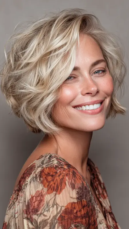 Layered Bob with Feathered Back - Medium length hair with layers over 60 older women