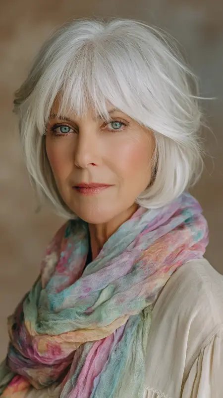 Layered Crop with Bangs -  Short white hair for older women 