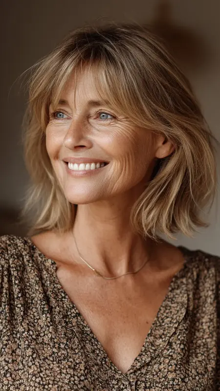 Layered Cut with Curtain Bangs - Medium length hair with layers over 60 older women
