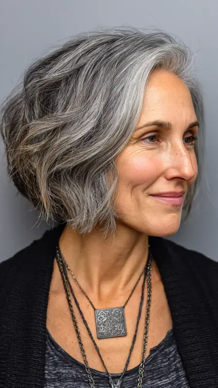 Layered Gray Bob with Deep Side Part - gray hair styles for women over 50