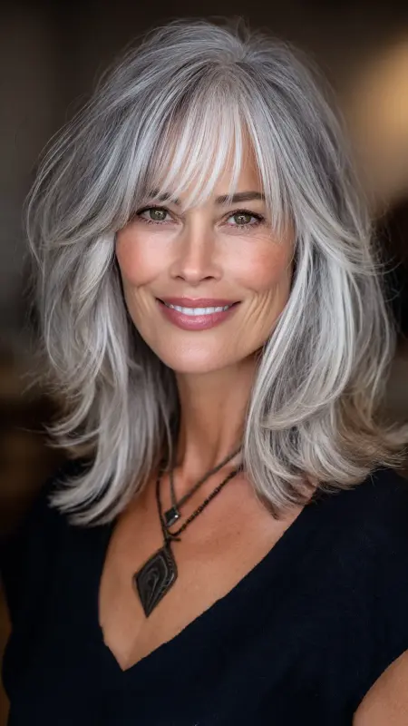 Layered Mid-Length Cut with Swoop Bangs - Medium length hair with layers over 60 older women