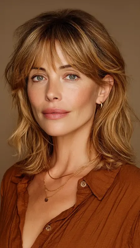 Layered Mid-Length Cut with Wispy Bangs - hair styles for women over 40