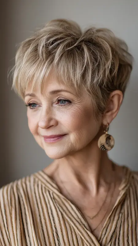 Layered Pixie with Soft Bangs -  Haircuts for women over 50 with bangs 