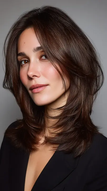 Layered Shoulder Cut with Deep Side Part - Shoulder length haircut for round faces