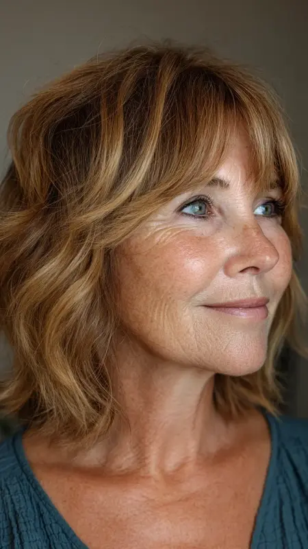 Layered Shoulder-Length Cut with Brow-Skimming -  Haircuts for women over 50 with bangs 