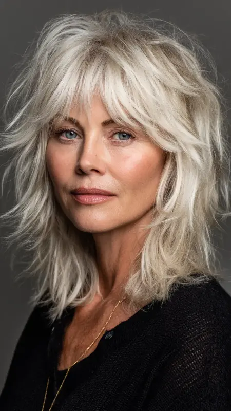 Layered Shoulder-Length Shag with Bangs - Medium length haircuts for women over 50